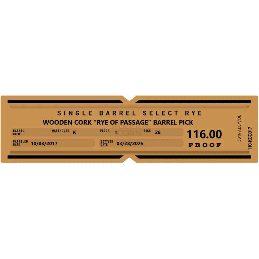 Knob Creek Wooden Cork ’Rye of Passage’ Barrel Pick 116 Proof Straight Rye Whiskey 750ml Rye