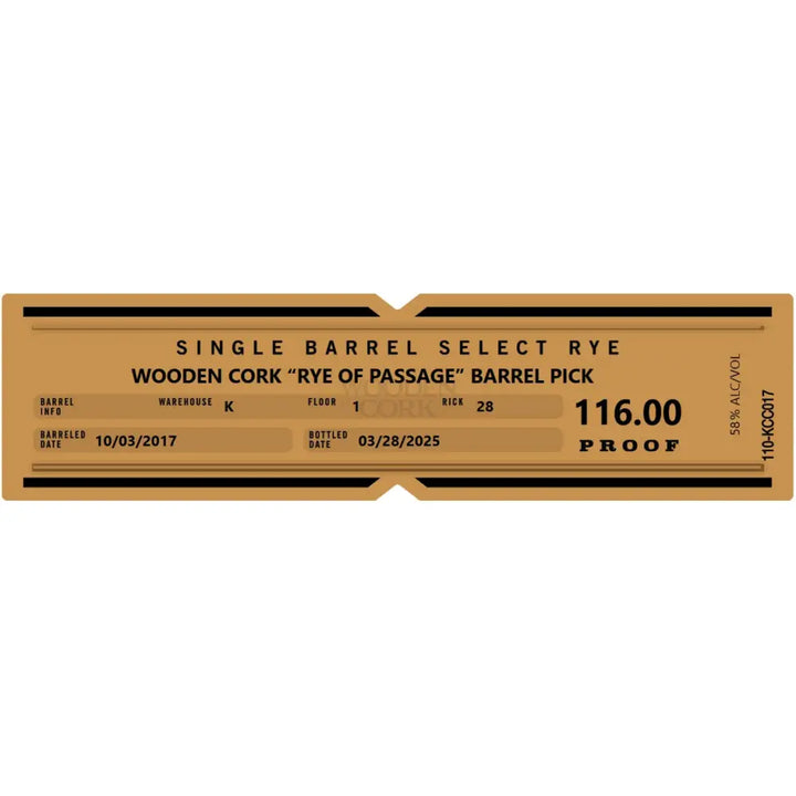 Knob Creek Wooden Cork ’Rye of Passage’ Barrel Pick 116 Proof Straight Rye Whiskey 750ml Rye